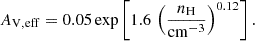 Mathematical equation: $$ \begin{aligned} A_{\rm V, eff} = 0.05 \exp \left[1.6\, \left( \frac{n_{\rm H}}{\mathrm{cm}^{-3}} \right)^{0.12} \right]. \end{aligned} $$