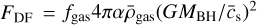 Mathematical equation: $\[F_{\mathrm{DF}}= f_{\text {gas}} 4 \pi \alpha \bar{\rho}_{\text {gas }}\left(G M_{\mathrm{BH}} / \bar{c}_{\mathrm{s}}\right)^{2}\]$