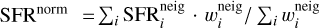 Mathematical equation: ${\rm SFR}^{\rm norm} = \sum_{i}{\rm SFR}^{\rm neig}_{i}\cdot w^{\rm neig}_{i} / \sum_{i} w^{\rm neig}_{i}$