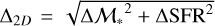 Mathematical equation: $\Delta_{2D} = \sqrt{\Delta{\mathcal{M}_{\ast}}^{2} + \Delta{\mathrm{SFR}}^{2}}$