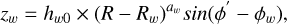 Mathematical equation: ${z_w} = {h_{w0}} \times {\left( {R - {R_w}} \right)^{{a_w}}}sin\left( {\phi \prime - {\phi _w}} \right),$