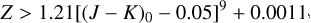 Mathematical equation: $Z < 1.21{\left[ {{{\left( {J - K} \right)}_0} - 0.05} \right]^9} + 0.0011,$