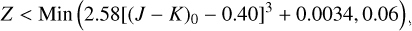 Mathematical equation: $Z < {\rm{Min}}\left( {2.58{{\left[ {{{\left( {J - K} \right)}_0} - 0.40} \right]}^3} + 0.0034,\,0.06} \right),$