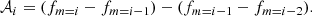 Mathematical equation: $$ \begin{aligned} \mathcal{A} _i = (f_{m = i} - f_{m = i-1}) - (f_{m = i-1} - f_{m = i-2}). \end{aligned} $$