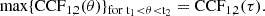 Mathematical equation: $$ \begin{aligned} {\mathrm{{max}}}\{\mathrm{{CCF}}_{1,2}(\theta )\}_{\rm {for}\;\mathrm{{t}}_1<\theta <\mathrm {t}_2} = \mathrm{{CCF}}_{1,2} ({\tau }). \end{aligned} $$