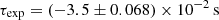 Mathematical equation: $ \rm{\tau}_{\mathrm{exp}}= (-3.5 \pm 0.068) \times 10^{-2}\,\rm{s} $