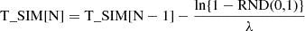 Mathematical equation: $$ \begin{aligned} \mathrm{T}\_{\mathrm{SIM}}[ \mathrm{N}] = \mathrm{T}\_{\mathrm{SIM}}[ \mathrm{N}-1] - \frac{\ln\{ 1 - \mathrm{RND}(0,1) \}}{\lambda} \end{aligned} $$