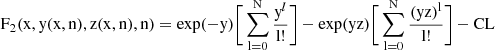 Mathematical equation: $$ \begin{aligned} \mathrm{F}_2(\mathrm{x}, \mathrm{y(x,n)}, \mathrm{z(x,n)}, \mathrm{n}) = \mathrm{exp}({-\mathrm{y}}) \bigg[ \sum_\mathrm{l=0}^{\mathrm{N}} \frac{\mathrm{y}^l}{\mathrm{l}!} \bigg] - \mathrm{exp}({\mathrm{yz}}) \bigg[ \sum_\mathrm{l=0}^{\mathrm{N}} \frac{(\mathrm{yz})^\mathrm{l}}{\mathrm{l}!} \bigg] - \mathrm{CL} \end{aligned} $$