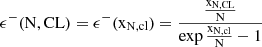 Mathematical equation: $$ \begin{aligned} \epsilon ^-(\mathrm {N,CL})&= \epsilon ^- (\mathrm {x}_{\rm {N,cl}})= \frac{\frac{\mathrm{x}_{\mathrm{N},\mathrm{CL}}}{\mathrm{N}}}{\exp {\frac{\mathrm{x}_{\mathrm{N},\mathrm{cl}}}{\mathrm{N}}}-1}\end{aligned} $$