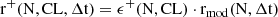 Mathematical equation: $$ \begin{aligned} \mathrm{r}^+ (\mathrm {N,CL},\mathrm {\Delta } \mathrm {t})&= \epsilon ^+ (\mathrm {N,CL}) \cdot {\mathrm{r}_{\rm mod}} (\mathrm{N},\mathrm {\Delta } \mathrm{t}) \end{aligned} $$
