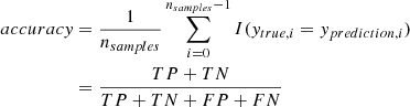 Mathematical equation: $$ \begin{aligned} accuracy&= \frac{1}{n_{samples}} \sum _{i=0}^{n_{samples}-1} I(y_{true, i} = y_{prediction, i}) \\&= \frac{TP+TN}{TP+TN+FP+FN} \end{aligned} $$