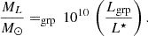 Mathematical equation: $$ \begin{aligned} \frac{M_L}{M_{\odot }} = _{\rm grp}\,10^{10}\,\left(\frac{L_{\rm grp}}{L^{\star }}\right). \end{aligned} $$
