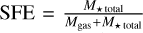 Mathematical equation: ${\rm{SFE}} = {{{M_{ \star \,{\rm{total}}}}} \over {{M_{{\rm{gas}}}} + {M_{ \star \,{\rm{total}}}}}}$