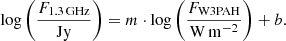 Mathematical equation: $$ \begin{aligned} \log \left(\frac{F_{\rm 1.3\,GHz}}{\mathrm{Jy}}\right) = m \cdot \log \left(\frac{F_{\rm W3PAH}}{\mathrm{W\,m^{-2}}}\right) + b. \end{aligned} $$