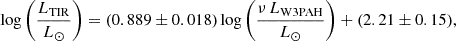 Mathematical equation: $$ \begin{aligned} \log \left(\frac{L_{\rm TIR}}{L_{\odot }}\right) = (0.889 \pm 0.018) \log \left(\frac{\nu \,L_{\rm W3PAH}}{L_{\odot }}\right) + (2.21\pm 0.15), \end{aligned} $$