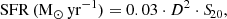 Mathematical equation: $$ \begin{aligned} \mathrm{SFR}\,(\mathrm{M_{\odot }\,yr^{-1}}) = 0.03 \cdot D^2 \cdot {S\!}_{20}, \end{aligned} $$