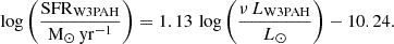 Mathematical equation: $$ \begin{aligned} \log \left(\frac{\mathrm{SFR}_{\rm W3PAH}}{\mathrm{M_{\odot }\,yr^{-1}}}\right) = 1.13 \, \log \left(\frac{\nu \,L_{\rm W3PAH}}{L_{\odot }}\right) - 10.24. \end{aligned} $$