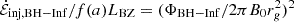 Mathematical equation: $ \dot{\mathcal{E}}_{\mathrm{inj,BH-Inf}}/f(a) L_{\mathrm{BZ}} = (\Phi_{\mathrm{BH-Inf}}/2 \pi B_0 r_g^2)^2 $