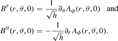Mathematical equation: $$ \begin{aligned} B^r(r,\theta ,0)&= \frac{1}{\sqrt{h}} \partial _{\theta } A_\phi (r,\theta ,0) \quad \mathrm{and} \nonumber \\ B^\theta (r,\theta ,0)&= -\frac{1}{\sqrt{h}} \partial _{r} A_\phi (r,\theta ,0). \end{aligned} $$
