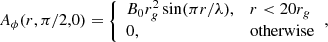 Mathematical equation: $$ \begin{aligned} A_{\phi }(r,\pi /2,0) = {\left\{ \begin{array}{ll} B_0 r_g^2 \sin (\pi r/\lambda ),&r < 20 r_g \\ 0,&\mathrm{otherwise} \end{array}\right.}, \end{aligned} $$