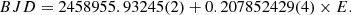 Mathematical equation: $$ \begin{aligned} BJD = 2458955.93245(2) + 0.207852429(4) \times E . \end{aligned} $$