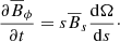 Mathematical equation: $$ \begin{aligned} \frac{\partial \overline{B}_\phi }{\partial t} = s \overline{B}_s \frac{\mathrm{d} \Omega }{\mathrm{d} s}\cdot \end{aligned} $$