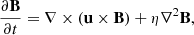 Mathematical equation: $$ \begin{aligned}&\frac{\partial \mathbf B }{\partial t} = \nabla \times (\mathbf u \times \mathbf B )+\eta \nabla ^2 \mathbf B , \end{aligned} $$