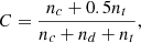 Mathematical equation: $$ \begin{aligned} C = \frac{n_c + 0.5n_t}{n_c + n_d + n_t}, \end{aligned} $$