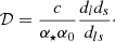 Mathematical equation: $$ \begin{aligned} \mathcal{D} = \frac{c}{\alpha _\star \alpha _0}\frac{d_l d_s}{d_{ls}}\cdot \end{aligned} $$