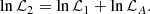 Mathematical equation: $$ \begin{aligned} \ln \mathcal{L} _2 = \ln \mathcal{L} _1 + \ln \mathcal{L} _A. \end{aligned} $$