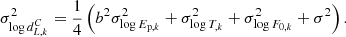 Mathematical equation: $$ \begin{aligned} \sigma _{\log {d^C_{L,k}}}^2 = \frac{1}{4}\left(b^2 \sigma _{\log {E_{\mathrm{p},k}}}^2 + \sigma _{\log {T_{,k}}}^2 + \sigma _{\log {F_{0,k}}}^2 + \sigma ^2 \right). \end{aligned} $$