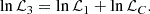 Mathematical equation: $$ \begin{aligned} \ln \mathcal{L} _3 = \ln \mathcal{L} _1 + \ln \mathcal{L} _C. \end{aligned} $$