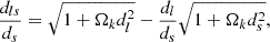 Mathematical equation: $$ \begin{aligned} \frac{d_{ls}}{d_s} = \sqrt{1+\Omega _k d_l^2}-\frac{d_l}{d_s}\sqrt{1+\Omega _k d_s^2}, \end{aligned} $$