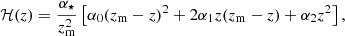 Mathematical equation: $$ \begin{aligned} \mathcal{H} (z) = \frac{\alpha _\star }{z_{\rm m}^2} \left[\alpha _0(z_{\rm m}-z)^2 + 2\alpha _1 z(z_{\rm m}-z) +\alpha _2 z^2\right], \end{aligned} $$
