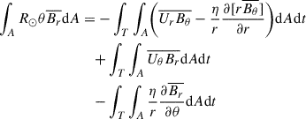 Mathematical equation: $$ \begin{aligned} \int _A R_\odot \theta \overline{B_r} \mathrm{d} A&=- \int _T \int _A \biggl ( \overline{U_r B_\theta }-\frac{\eta }{r}\frac{\partial [r\overline{B_\theta }]}{\partial r} \biggr ) \mathrm{d} A\mathrm{d} t \nonumber \\&\quad +\int _T \int _A \overline{U_\theta B_r} \mathrm{d} A\mathrm{d} t \nonumber \\&\quad -\int _T \int _A \frac{\eta }{r}\frac{\partial \overline{B_r}}{\partial \theta } \mathrm{d} A\mathrm{d} t \end{aligned} $$