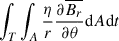 Mathematical equation: $ \int_T \int_A \frac{\eta}{r}\frac{\partial \overline{B_r}}{\partial \theta} \mathrm{d}A\mathrm{d}t $