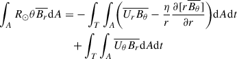 Mathematical equation: $$ \begin{aligned} \int _A R_\odot \theta \overline{B_r} \mathrm{d} A&=- \int _T \int _A \biggl ( \overline{U_r B_\theta }-\frac{\eta }{r}\frac{\partial [r\overline{B_\theta }]}{\partial r} \biggr ) \mathrm{d} A\mathrm{d} t \nonumber \\&\quad +\int _T \int _A \overline{U_\theta B_r} \mathrm{d} A\mathrm{d} t \end{aligned} $$