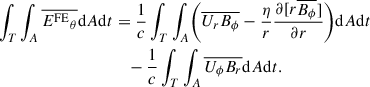 Mathematical equation: $$ \begin{aligned} \int _T \int _A \overline{{E^{\mathrm{FE} }}_\theta } \mathrm{d} A\mathrm{d} t&=\frac{1}{c} \int _T \int _A \biggl ( \overline{U_r B_\phi }-\frac{\eta }{r}\frac{\partial [r\overline{B_\phi }]}{\partial r} \biggr ) \mathrm{d} A\mathrm{d} t \nonumber \\&\quad -\frac{1}{c}\int _T \int _A \overline{U_\phi B_r} \mathrm{d} A\mathrm{d} t. \end{aligned} $$