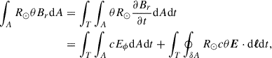 Mathematical equation: $$ \begin{aligned} \int _A R_\odot \theta {B_r} \mathrm{d} A&= \int _T \int _A \theta R_\odot \frac{\partial B_r}{\partial t} \mathrm{d} A \mathrm{d} t \nonumber \\&=\int _T \int _A c E_\phi \mathrm{d} A\mathrm{d} t +\int _T \oint _{\delta A} R_\odot c \theta {\boldsymbol{E}} \cdot \mathrm{d} {\boldsymbol{ \ell }} \mathrm{d} t, \nonumber \\ \end{aligned} $$