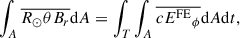 Mathematical equation: $$ \begin{aligned} \int _A \overline{R_\odot \theta {B_r}} \mathrm{d} A=\int _T \int _A \overline{c {E^{\mathrm{FE} }}_\phi } \mathrm{d} A\mathrm{d} t, \end{aligned} $$