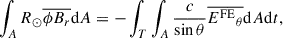 Mathematical equation: $$ \begin{aligned} \int _A R_\odot {\overline{\phi B_r}} \mathrm{d} A =- \int _T \int _A \frac{c}{\sin \theta } {\overline{{E^{\mathrm{FE} }}_\theta }} \mathrm{d} A\mathrm{d} t, \end{aligned} $$