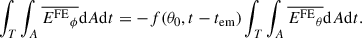 Mathematical equation: $$ \begin{aligned} \int _T \int _A \overline{{E^{\mathrm{FE} }}_\phi } \mathrm{d} A\mathrm{d} t = - f(\theta _0,t-t_{\mathrm{em} })\int _T \int _A \overline{{E^{\mathrm{FE} }}_\theta } \mathrm{d} A\mathrm{d} t. \end{aligned} $$