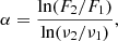 Mathematical equation: $$ \begin{aligned} \alpha&= \frac{\ln (F_2 / F_1)}{\ln (\nu _2 / \nu _1)}, \end{aligned} $$
