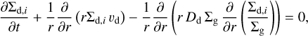Mathematical equation: \frac{\partial \Sigma_{{\rm d}, i}}{\partial t}+\frac{1}{r} \frac{\partial}{\partial r}\left(r \Sigma_{{\rm d}, i}\, v_{\rm d}\right)-\frac{1}{r} \frac{\partial}{\partial r}\left(r\, D_{\rm d}\, \Sigma_{\rm g}\,\frac{\partial}{\partial r}\left(\frac{\Sigma_{{\rm d},i}}{\Sigma_{\rm g}}\right)\right)=0,