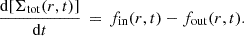 Mathematical equation: $$ \begin{aligned} \frac{\mathrm{d}[\Sigma _{\rm tot}(r,t)]}{\mathrm{d}t}\,=\,f_{\rm {in}}(r,t)-f_{\rm {out}}(r,t).\\ \end{aligned} $$