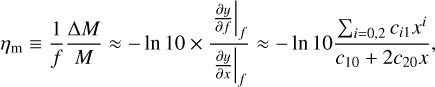 Mathematical equation: \etamass \equiv \frac{1}{f}\frac{\Delta M}{M} \approx - \ln 10 \times \frac{\left.\frac{\partial y}{\partial f}\right|_{f}}{ \left.\frac{\partial y}{\partial x}\right|_{f} } \approx - \ln 10 \frac{\sum_{i=0,2}{c_{i1} x^i}}{c_{10}+2c_{20}x},