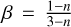 Mathematical equation: $\beta = \frac{1-n}{3-n}$