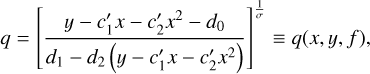 Mathematical equation: \begin{flalign} \qpol = \left[\frac{y - c_1' x -c_2'x^2-d_0}{d_1-d_2\left(y - c_1' x -c_2'x^2\right)} \right]^{\frac{1}{\sigma}} \equiv q(x,y,f),\end{flalign}