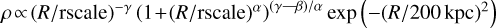 Mathematical equation: $\rho \!\propto\!(R/\text{rscale})^{-\gamma}% \left(1\!+\!(R/\text{rscale})^\alpha\right)% ^{(\gamma-\!-\!\beta)/\alpha}% \exp\left(-(R/200\,\text{kpc})^2\right)$