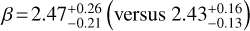 Mathematical equation: $\beta \!=\! 2.47^{+0.26}_{-0.21}% \left(\text{versus}\ 2.43^{+0.16}_{-0.13}\right)$